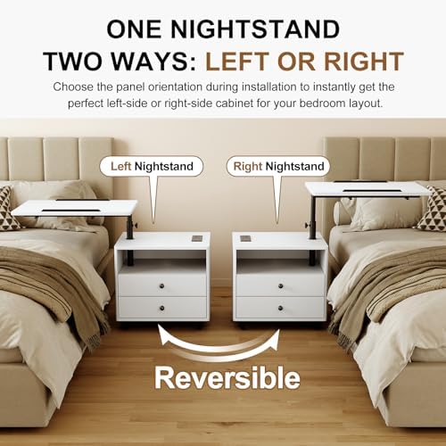 Bedroom Nightstand with Drawers & Charging Station, Adjustable Height Bedside Table with Wheels, Wooden Small Sofa Side Tables with Storage for Living Room, White