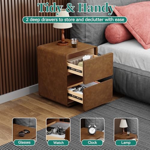 15.8" W Leather Narrow Nightstand Set of 2, Modern Fully-Assembled Bedside Table with 2 Drawers, Night Stand Small End Table & Side Table for Bedroom, Brown