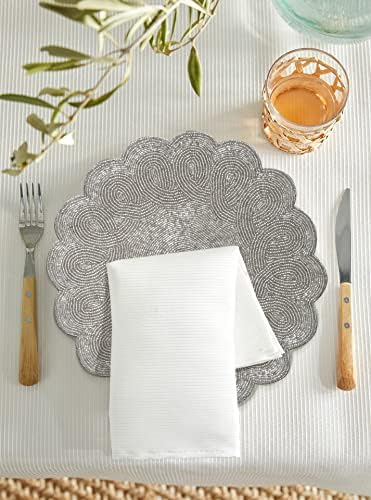 Lightnpro Handmade Beaded Placemats Set of 2 – 13 Inch Round Silver Scalloped Charger Mats | Handcrafted Artisan Table Accessories, Elegant Decorative Dining Table Décor for Weddings & Holidays