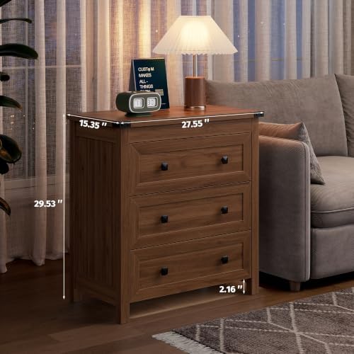 Farmhouse Nightstand with 3 Drawers, Wood Bedside Table, Walnut