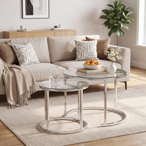 aboxoo Nesting Table Glass Coffee Table for Living Room,Silver Glass Table