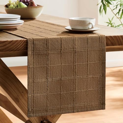 ZeeMart Linen Checked Farmhouse Table Runner, 13x36 Inches Roasted Brown