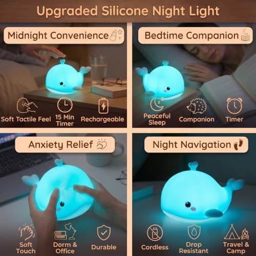 Whale Night Light, Dimmable Animal Lamp, Touch, Remote & Timer