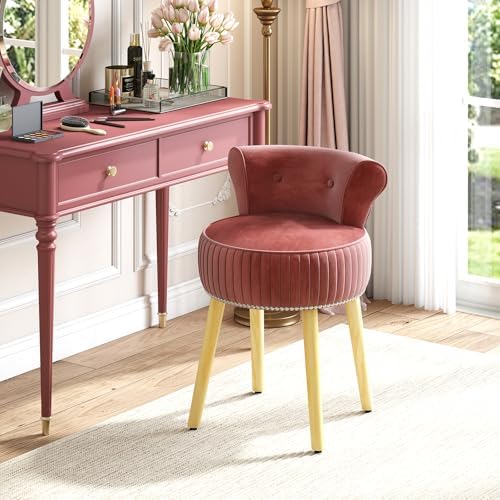 CHARMAID Velvet Vanity Chair for Bedroom, Elegant Accent Chair with Tufted Low Back, Solid Wood Legs, Upholstered Seat, Modern Makeup Stool for Dressing Room, Home Office (Burgundy & Natural)