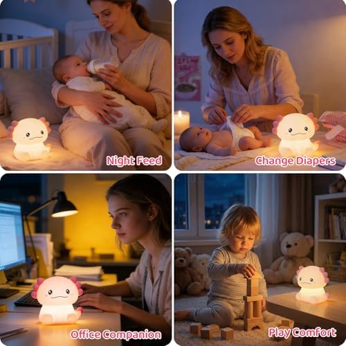 Axolotl LED Night Light, Silicone Touch Lamp for Bedroom with 7 Colors Timer and Dimmable 3-Level Squishy Warm Cute Night Lights, Rechargeable Animal Lamp for Bedroom Decor Birthday Gift