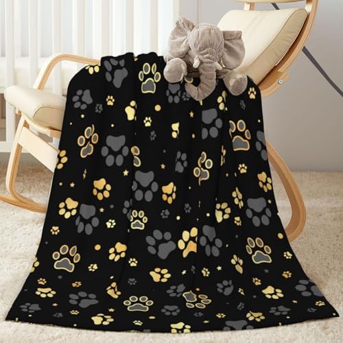 Gold Dog Paw Print Fleece Throw Blanket Ultra Soft Cozy Decorative Flannel Blanket for Home Bed Couch Chair Travel 50x40in