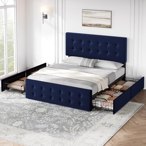 IDEALHOUSE Full Size Bed Frame with 4 Storage Drawers and Headboard, Blue