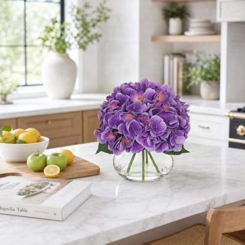 Hollyone Real Touch Hydrangea with Glass Vase Purple Full Latex Hydrangeas Artificial Flowers in Vase Lifelike Bouquets Floral Arrangements with Faux Water for Wedding Table Centerpiece Indoor Decor
