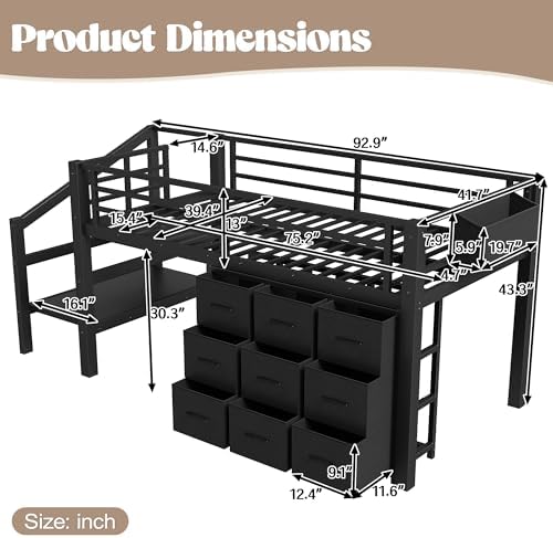 Bellemave Low Loft Bed Twin Size with Storage Stairs and Drawers, Metal Twin Loft Bed for Kids with LED Lights and Shelves, Low Profile Loft Bed Frame for Small Rooms, No Box Spring Needed, Black