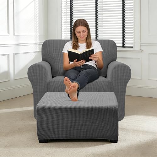 3 Piece Stretch Matching Chair and Ottoman Slipcover Set, Jacquard Arm Chair/Ottoman/Fitted Seat Covers, Non-Slip Accent Armchair and Foot Stool Slip Cover (Gray,3 Pieces Set)
