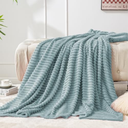 BEDELITE 3D Ribbed Grey Blue Fleece Throw Blanket for Couch, 50x60 Inch