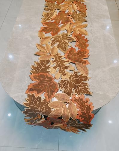 Fall Leaf Embroidered Table Runner 87 Inches for Thanksgiving and Autumn Harvest Decoration (16''x87'', Coffee Colored Maple Leaves)