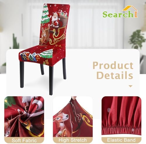 SearchI Christmas Chair Covers Set of 2, Stretch Xmas Kitchen Chair Cover Removable Washable Holiday Parsons Chair Slipcovers for Dining Room, Christmas Decoration, Ceremony(Santa Claus+Elk)