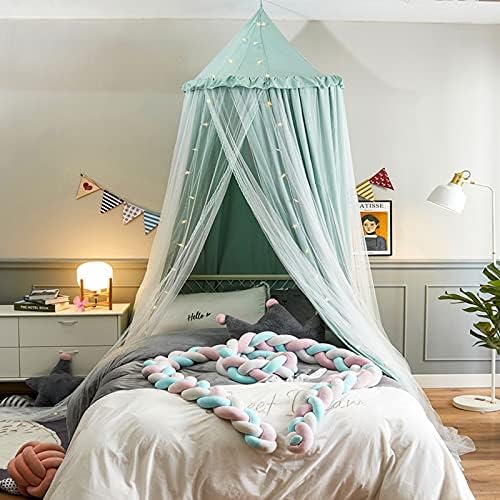 VETHIN Bed Canopy Double Layer Princess Round Dome Dreamy Mosquito Net Bedding Girls Room Castle Play Tent Hanging House Decor Reading Nook Canopies(Green/White)