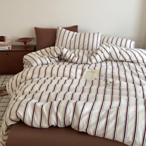 mixinni Retro Striped Duvet Cover Queen Size - 3-Piece Vintage Red Brown & Blue Stripes Printed Duvet Cover Set, Soft Washed Microfiber Bedding, Vintage Stripe Comforter Cover with Zipper&Ties