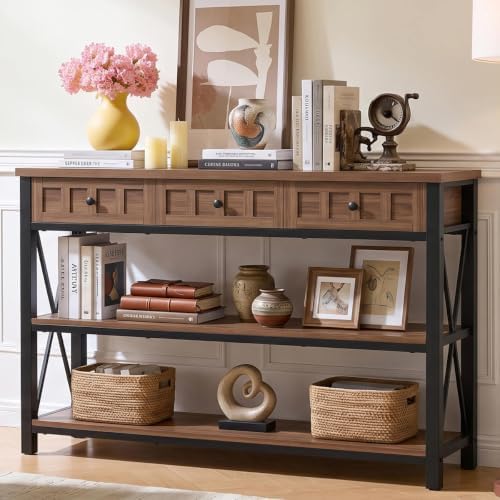 FATORRI Console Table for Entryway, 54.72 Inch Long Farmhouse Sofa Table with 3 Drawers for Living Room, Wood and Metal Hallway Tables with Storage and Couch Tables Behind Sofa, Medium Walnut