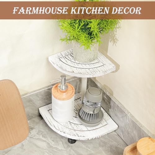 Tikea 2-Tier Wood Riser for Decor, Farmhouse Bathroom Corner Counter Shelf
