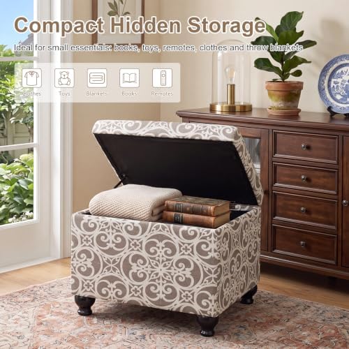 Adeco Storage Ottoman Damask Scrollwork 21" Linen Upholstered Foot Rest Stool with Hinged Lid, Heavy-Duty 360 lbs Support, Space-Saving Seat & Storage for Living Room, Bedroom, Entryway