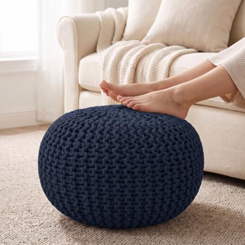 · REDEARTH · Round Ottoman - Hand Knitted Boho Poof Footrest - Navy Blue