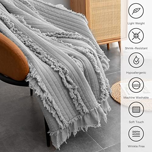 HORIMOTE HOME Stone Washed Quilted Throw Blanket with Ruffle Fringe Design - Soft & Chic Rustic Decorative Blanket for Couch, Bed, Chair - Pre-Washed Grey Boho Style - 50"x60"