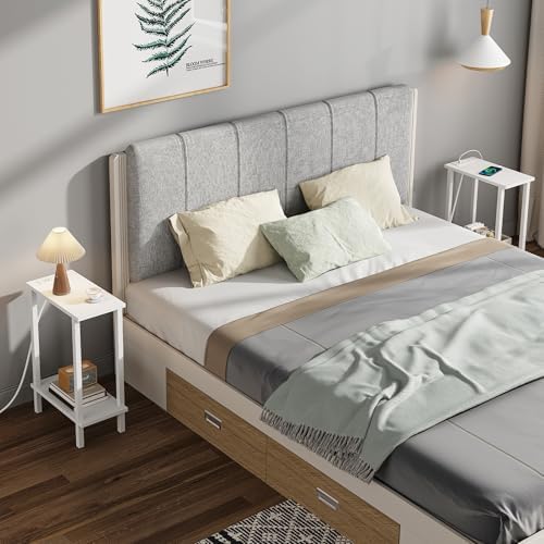 TUTOTAK Narrow Side Table, 2-Tier Small End Table with Charging Station