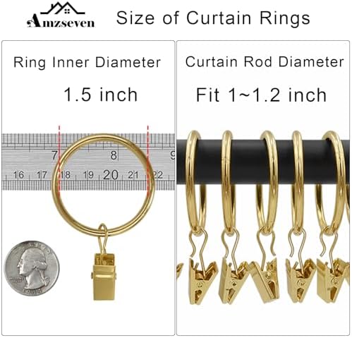 40 Pack Metal Curtain Rings with Clips, 1.5 in ID, Gold