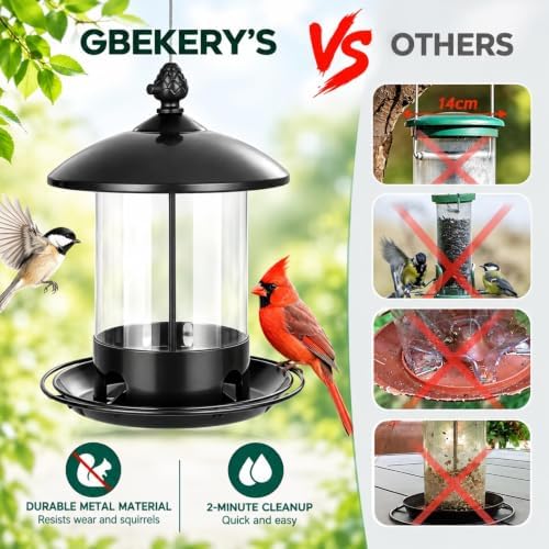 Gbekery Metal Bird Feeders for Outdoors Hanging, 360° Feeding Tray, Black