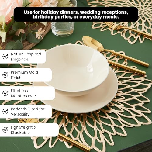 Juvale 20-Pack Gold Vinyl Placemats - Round Leaf Design Table Chargers for Dining Table Settings (14.4 Inches Place Mat)