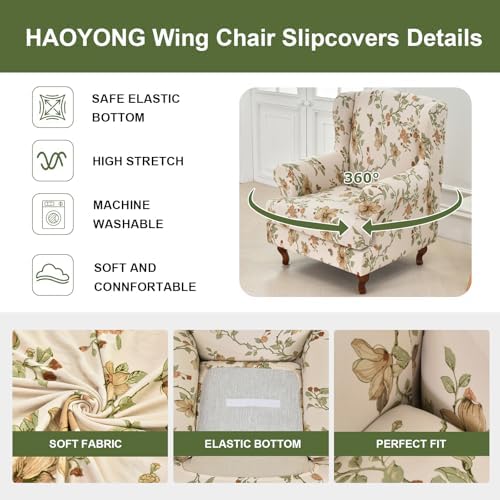 HAOYONG Wing Chair Slipcovers Stretch Wingback Chair Covers Printed 2 Pieces Wingback Armchair Slipcover Elastic Chair Slip Covers Washable Armchair Protector Cover for Living Room and Bedroom