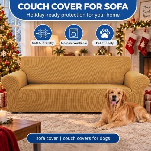KEKUOU Stretch Couch Covers for Sofa, 3 Cushion Couch Slipcover,Golden