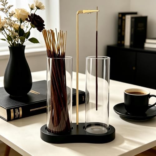Glass Incense Holder, Black Incense Sticks Burner Holder with Storage,Hang Upside Down Incense Holder for Sticks with Ash Catcher for Meditation Yoga Spa Room (Black)
