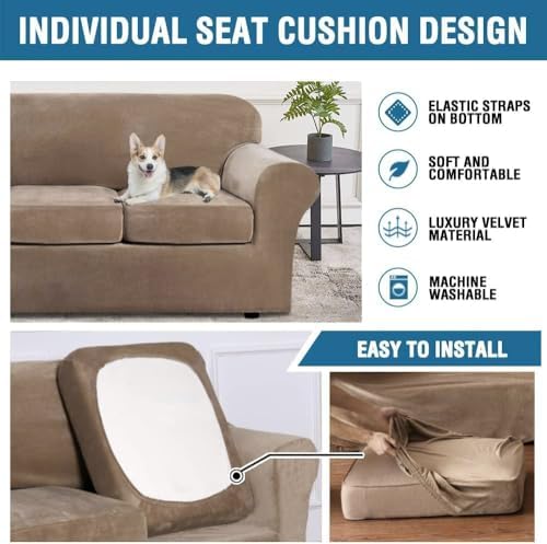 H.VERSAILTEX Velvet Plush 4 Piece High Stretch Sofa Slipcover Cover Furniture Protector Form Fit Thick Velvet Extra Large Sofa Cover for 3 Cushion Couch Width Up to 105 Inch (XL Sofa, Camel)