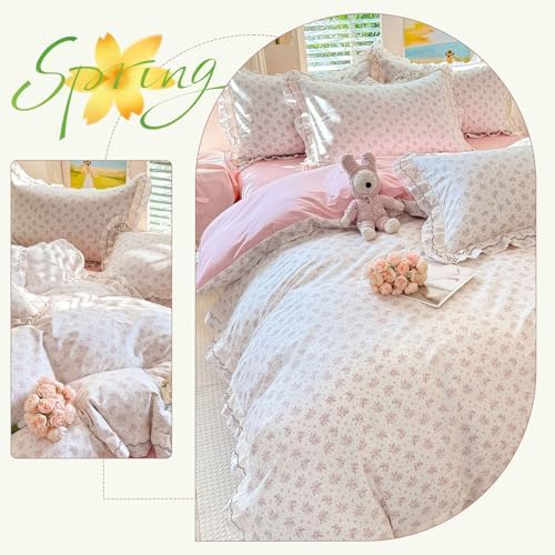 HighBuy Ruffled Duvet Cover Full Size,Farmhouse Pink Floral Bedding Comforter Cover with 2 Ruffle Lace Pillowcases,Chic Cottagecore Pink Princess French 100% Cotton with Zipper Closure,Full