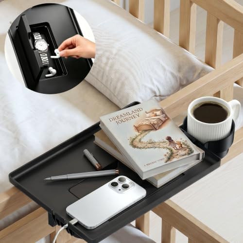 COOL-ANGLE Bedside Shelf with Cup Holder & Hidden Storage, Clamp-On Bedside Tray for Bunk Bed & College Dorm Room, Fits 2.9" Rails, Black