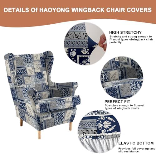 HAOYONG 2 Piece Wingback Chair Covers Stretch Wing Chair Slipcover Printed Wing Back Chair Covers with Arms Washable Spandex Fabric Armchair Cover Protection Furniture for Living Room and Bedroom