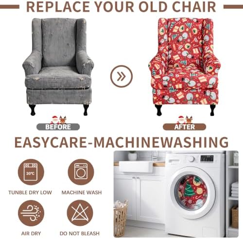 HAOYONG Christmas Stretch Wingback Chair Cover 2 Pieces Wing Chair Slipcover Printed Wingback Armhair Slipcover Wingback Washable Sofa Covers Christmas Decoration Furniture Protector for Armchair