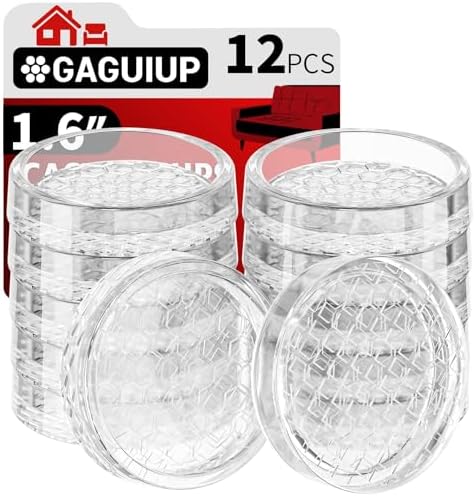 1.6"x1.6" Round Rubber Furniture Caster Cups, 12 PCS Chair Coasters for Carpet - Clear Non Slip Furniture Pads with Grip, Carpet Protector for Furniture Legs - Protect Any Flooring