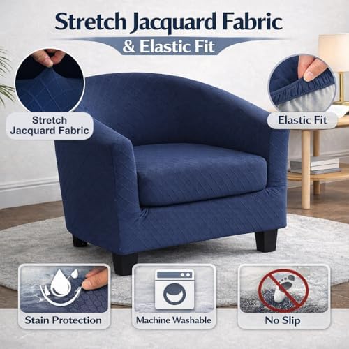 NILUOH Barrel Chair Cover 2 Piece, Stretch Jacquard Club Chair Slipcover, Elastic Armchair Cover for Curved & Round Chairs,Soft Washable Furniture Protector, Navy