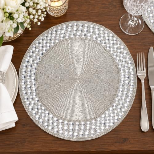 Beaded Round Placemats 13 Inch, Handmade Silver Stone Border Round placemat