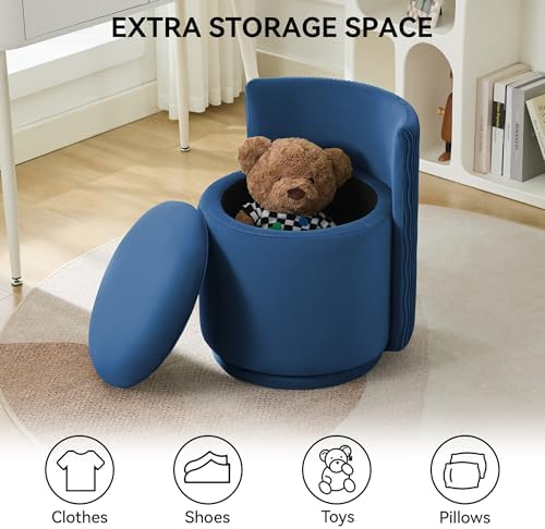 WUTUTUEE Velvet Vanity Chair with Storage, 360° Swivel Makeup Chair with Wave Back, No Assembly Small Accent Stool for Bedroom, Dressing, Living Room, Blue