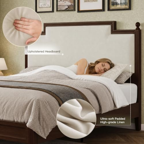 Queen Size Bed Frame with 50.2" Tall Upholstered Headboard, Walnut