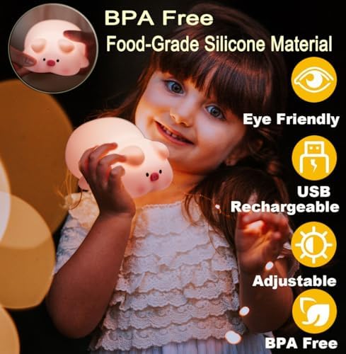 Piglet Night Light for Kids,Cute Pig Silicone Squishy Dimmable Nursery Lamp