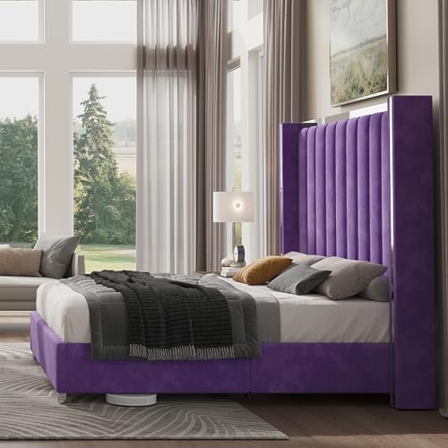 Jocisland Queen Upholstered Bed Frame with 58" Tall Headboard, Purple