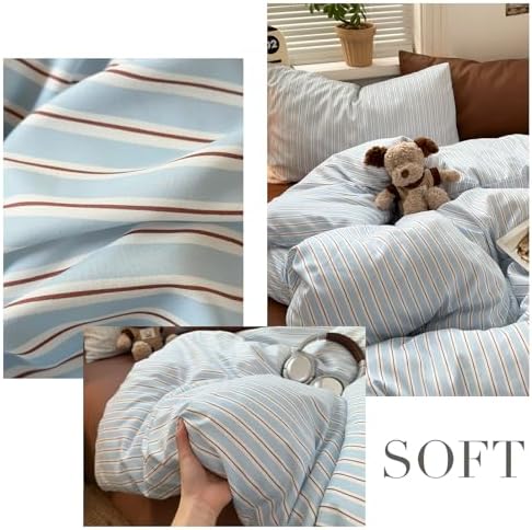 AOJIM 3Pcs Classic Blue & Brown Striped Duvet Cover Twin - Zipper & Ties