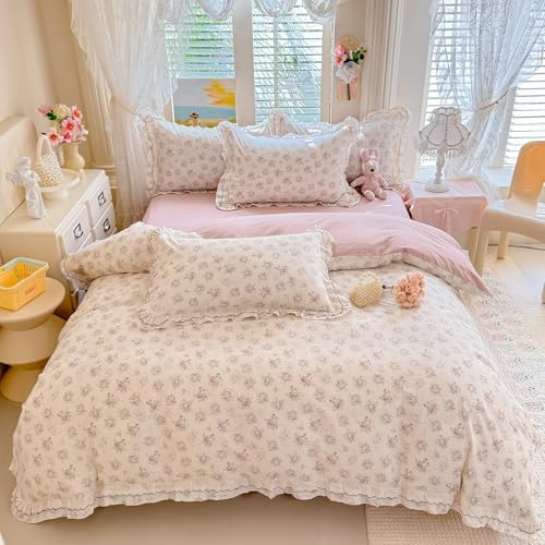 HighBuy French Ruffle Duvet Cover Queen Size,100% Cotton Soft Farmhouse Floral Chic Cottagecore Pink Bedding Set Breathable,Durable Comforter Cover Set - 1 Duvet Cover 2 Pillowcases