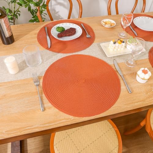 SHACOS Round Placemats Set of 4 for Dining Table Autumn Fall Round Braided Place Mats Washable Non Slip Kitchen Table Mats Decor, Bright Orange