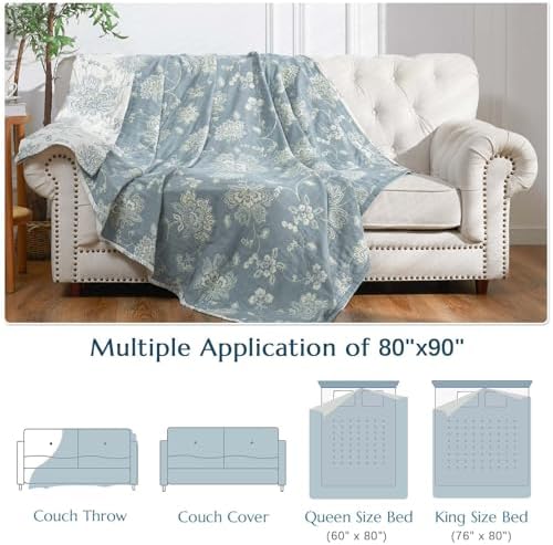 jinchan 100% Cotton Muslin Blanket Queen Boho Bed Blanket 80x90 Blue/White