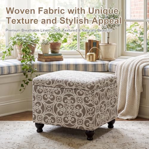 Adeco Storage Ottoman Damask Scrollwork 21" Linen Upholstered Foot Rest Stool with Hinged Lid, Heavy-Duty 360 lbs Support, Space-Saving Seat & Storage for Living Room, Bedroom, Entryway