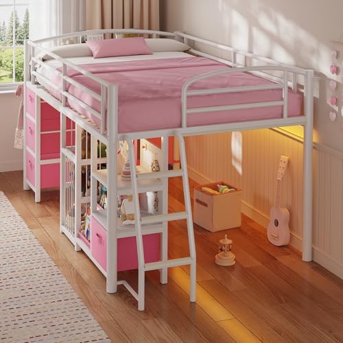 Twin Low Loft Bed, Kids Loft Bed, Storage Drawers, LED Lights, Pink White