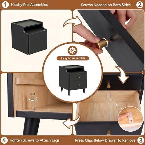 Nightstand with Drawers, Pre-Assembled, 19.7" H Natural Solid Wood Night Stand with Open Sliding Shelf, Mid Century Modern Small Bedside Table Cabinet for Bedroom, Black 16"
